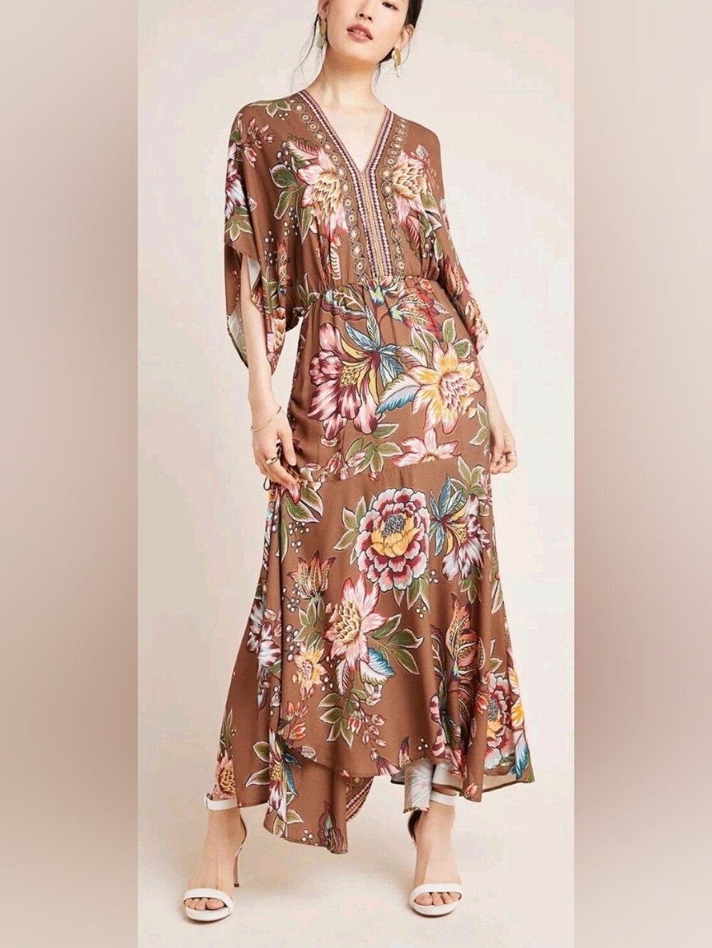 Farm Rio x Anthropologie Valentina Floral Maxi Dress XS Brown Boho Resort